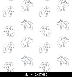 Seamless pattern with toy hippo with wings. Black and white vector background. Stock Vector
