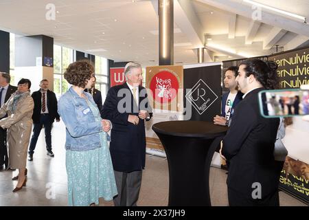 Gent Mayor Mathias De Clercq, King Philippe - Filip of Belgium and East-Flanders province governor Carina Van Cauter pictured upon arrival to a royal visit to the 'Great Debate' in the context of 'Ghent European Youth Capital 2024', in Gent Thursday 25 April 2024. The 'Great Debate' is a collaboration between various cultural organizations, the city of Ghent and the Ghent Youth Council to encourage young people aged 16 to 18 who are voting for the first time, to inform, to stimulate and to engage in debate with each other and with policy makers. BELGA PHOTO JAMES ARTHUR GEKIERE Stock Photo