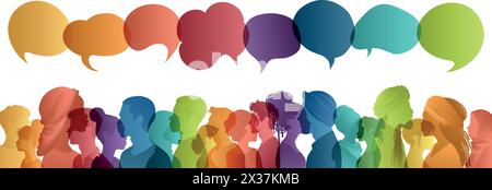 Communication across diverse cultures -  Multicultural dialogue represented by colored silhouette and speech bubbles of multiethnic individuals. Stock Vector