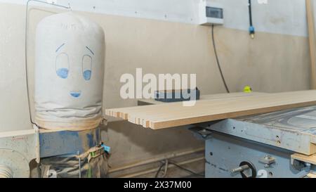 wooden materials stacked at carpentry woodwork workshop with tools. High quality photo Stock Photo