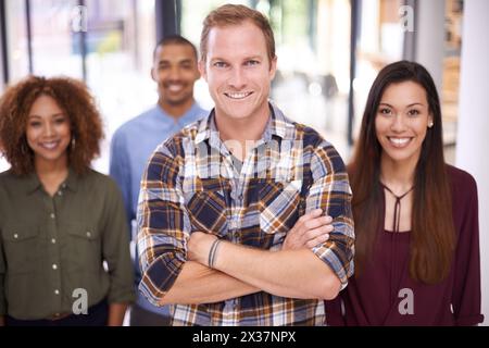 Portrait, office and staff with creative team, startup and about us at design studio. Happy, smile and collaboration of entrepreneurs, employees and Stock Photo