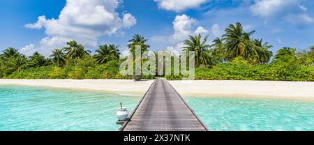 Beautiful tropical landscape background, luxury summer travel and vacation. Wooden pier into island  against blue sky with white clouds, panoramic Stock Photo