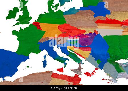 Map of Europe with the countries composed with colored pieces of paper, collage Stock Photo