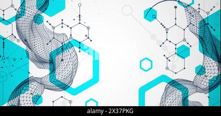 Scientific and technological background. Wireframe wave with hexagons of different types on a gray gradient. Stock Vector