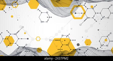 Scientific and technological background. Wireframe wave with hexagons of different types on a gray gradient. Stock Vector