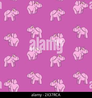 Seamless pattern with pink toy hippo with wings. Colored vector background. Stock Vector