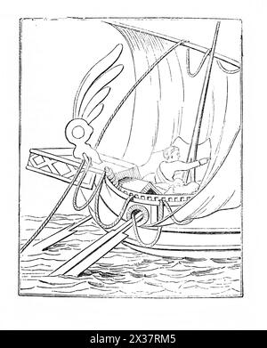 Wood Engraving of a Roman Sailing Ship with Oars from a Painting at Pompeii in 19th Century Illustrated Family Bible Stock Photo