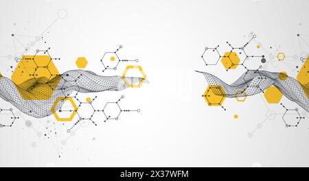 Scientific and technological background. Wireframe wave with hexagons of different types on a gray gradient. Stock Vector