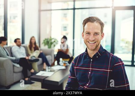 Man, portrait and confident leader in office, employee and startup company or agency. Male person, management pride and positive mentor for team Stock Photo