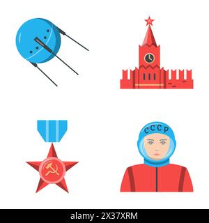 USSR symbols flat icon set. First cosmonaut and artificial satellite, star medal and Kremlin tower. Vector illustration. Stock Vector