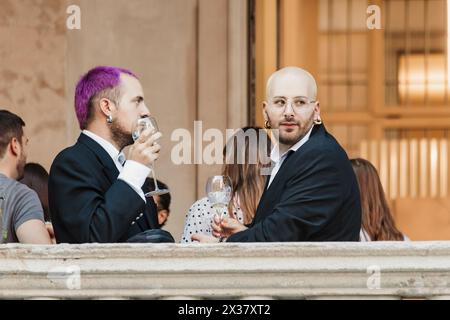 Guests outside BUDAPEST SELECT show during Milan Fashion Week Womenswear Spring/Summer 2024. Stock Photo