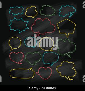 Speech bubbles colorful outline hand drawings collection. Cloud for text, empty geometric shapes, chatting box, message box on black board. Isolated v Stock Vector