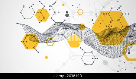 Scientific and technological background. Wireframe wave with hexagons of different types on a gray gradient. Stock Vector