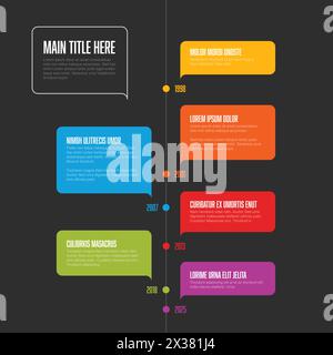 Colorful simple solid color bubbles vertical timeline template on dark gray background with big year numbers description and icons. Minimalistic time Stock Vector