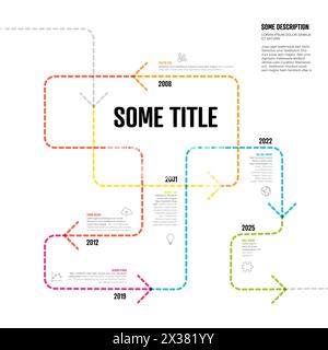 Colorful simple infochart tangle timeline template with arrows on thin color dotted line, icons, short descriptions and year numbers. Infographic time Stock Vector