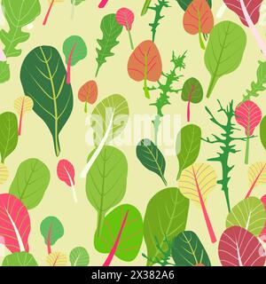 Mix of salad leaves. Cartoon set of green red raw leaves seamless pattern. Arugula, spinach, lettuce leaf, watercress. Organic vitamin ingredients for Stock Vector