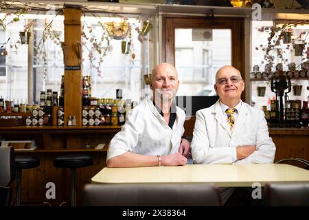 EDITORIAL USE ONLY left-right Stephen and Paul Rothe inside Paul Rothe & Son as a brand-new installation is unveiled in Marylebone Village based on the area's emblem 'The Elm Leaf'. Picture date: Thursday April 25, 2024. Stock Photo