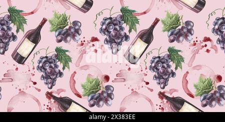 Bright watercolor wine bottle, purple grapes, splashes and stains seamless pattern. Hand drawn illustration. Pink background For textile, paper, fabri Stock Photo