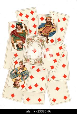 A montage of antique playing cards showing diamonds isolated on a white background. Stock Photo