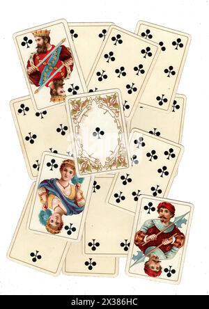 A montage of antique playing cards showing clubs isolated on a white background. Stock Photo