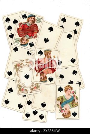 A montage of antique playing cards showing spades isolated on a white background. Stock Photo