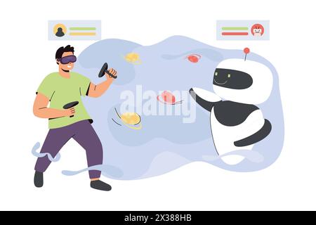 Flat man in virtual reality headset playing game with ai robot. Character with controller, vr glasses play with robotic companion. Digital technologies concept. High tech entertainment or interactive. Stock Vector