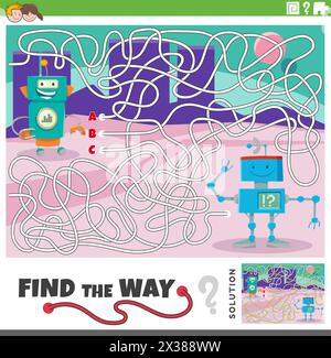 Cartoon illustration of find the way maze puzzle activity with funny robots characters Stock Vector