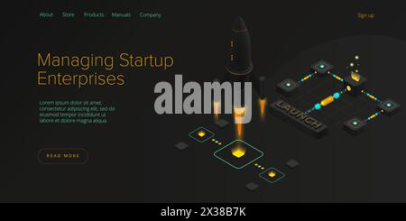 Startup coaching and mentorship concept in isometric vector illustration. Business start up team launching rocket with computer and server. Creative w Stock Vector