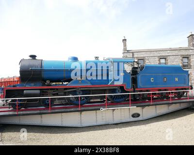 Blue Steam Train on turntable Stock Photo