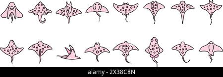 Stingray icons set outline vector. Ocean fish. Marine life thin line color flat on white Stock Vector