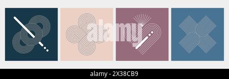 Set of modern minimalist zen arch posters with geometric linear ornament, simple figures of outline strokes. Nordic design wall art decor with boho element of knot, arc, heart, circle. Bohemian covers Stock Vector