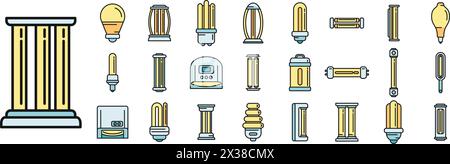 UV lamp icons set outline vector. Care clinic. Bulb cleaner thin line color flat on white Stock Vector