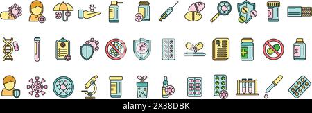 Antibiotic resistance icons set outline vector. Immune drug. Medical superbug thin line color flat on white Stock Vector