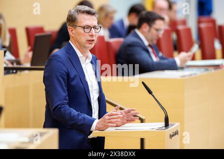 Munich, Germany. 25th Apr, 2024. Markus Blume (CSU), Minister of Science of Bavaria, speaks at the 17th plenary session of the Bavarian State Parliament on April 25, 2024 in Munich (Bavaria). Credit: Matthias Balk/dpa/Alamy Live News Stock Photo