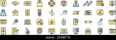 Malware icons set outline vector. Cyber attack. Risk secure thin line color flat on white Stock Vector