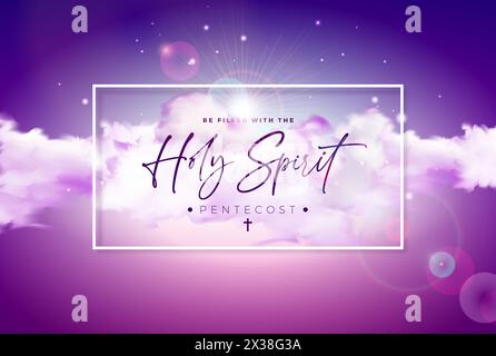 Pentecost Sunday Christian Holiday Illustration with Typography Letter and Cloudy Sky on Shiny Violet Background. Vector Holy Spirit Biblical Stock Vector