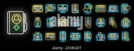 Electronic patient card icons set outline vector. Medicine care. Digital display neon color on black Stock Vector