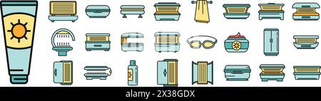 Solarium icons set outline vector. Bronze bed. Bikini lamp thin line color flat on white Stock Vector