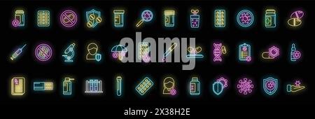Antibiotic resistance icons set outline vector. Immune drug. Medical superbug neon color on black Stock Vector