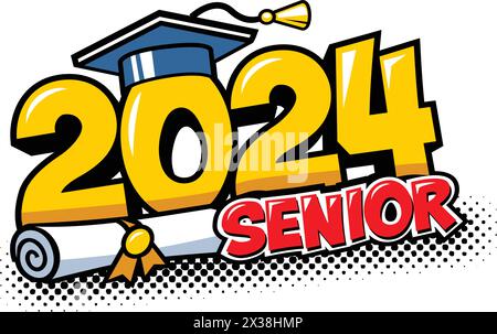 2024 class graduate header. Decorate congratulation for school graduates in comic cartoon style. Vector on transparent background Stock Vector