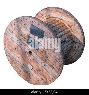 Wooden cable coil isolated on white background close-up. Stock Photo