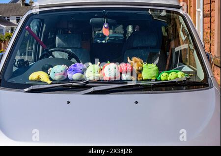 Soft toys on the dashboard of a parked car Stock Photo