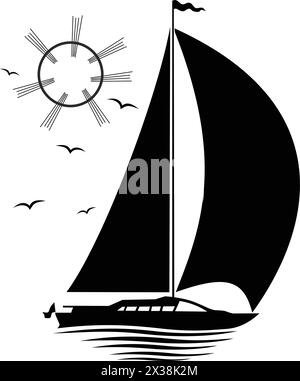 Sailing yacht at sea with waves surrounded by seagulls. Vector on transparent background Stock Vector