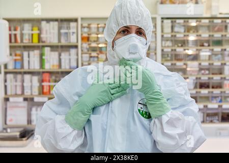 Personal protective equipment, protection for the care of patients with infectious diseases (Ebola), Drugs store, Nursing station, Hospital Donostia, Stock Photo