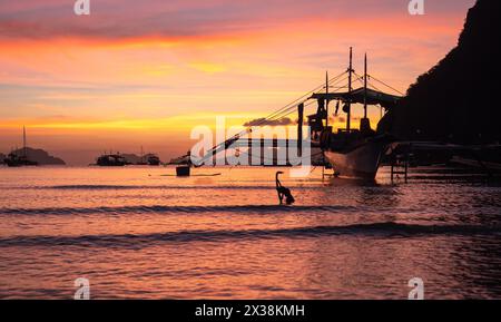 Traditional philippine boat bangka at sunset time. Beautiful sunset with silhouettes of philippine boats in El Nido, Palawan island, Philippines Stock Photo