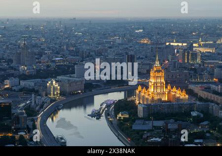 Ukraine hotel and Moskva river at night in Moscow, Russia, top view Stock Photo