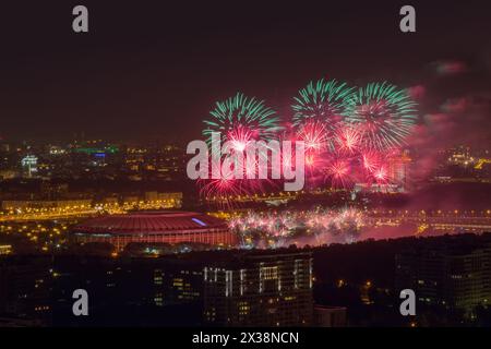 Bright firework above Luzhniki stadium at night in Moscow, Russia Stock Photo