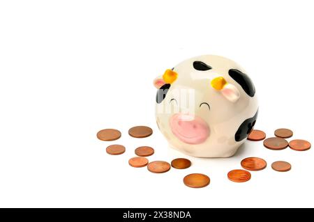 Pink piggy bank and coins, isolated on white background . Business concept. There is free space for your text. Stock Photo