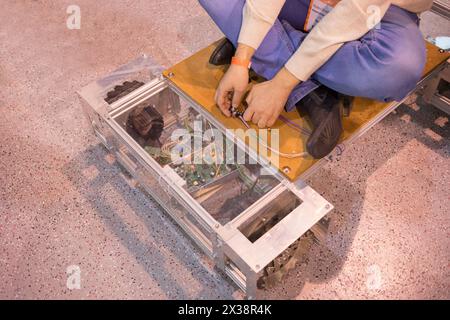 MOSCOW - NOV 5, 2016: Platform to drive with Swedish wheels at Robotics Expo 2016 is international exhibition of robotics and advanced technologies in Stock Photo