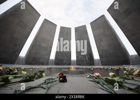 YEREVAN, ARMENIA - JAN 5, 2017: Flowers are on floor in Memorial complex Tsitsernakaberd, dedicated to genocide of armenians in 1915 Stock Photo